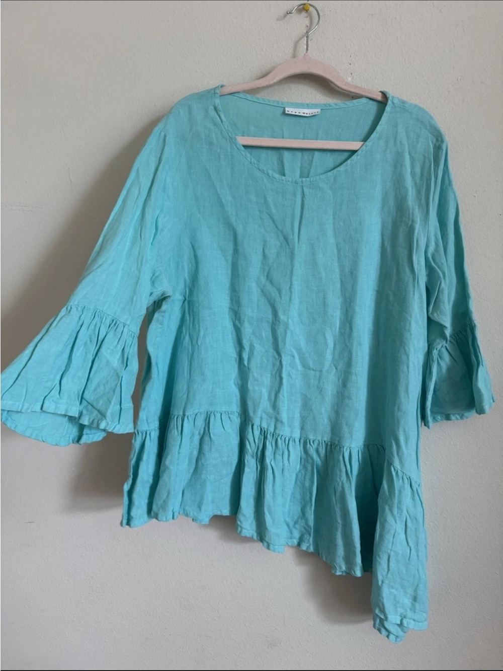 Bryn Walker Linen Turquoise Blue Ruffle Asymmetrical Sleeve Hem Blouse Top XL